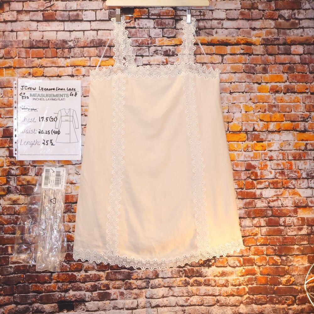J. Crew Linen and Lace Trimmed Shift Dress Lace Straps/Trim Sz 8 in White